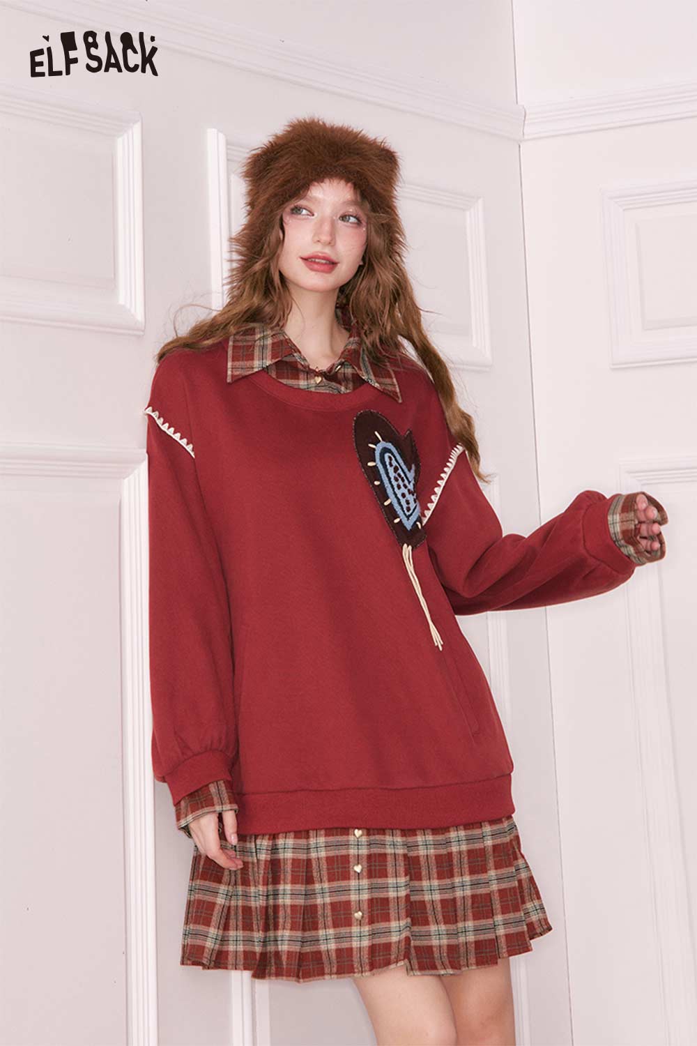 ELFSACK Heart Embroidery Fake Two Piece Stripe Red Plaid Jumpsuit