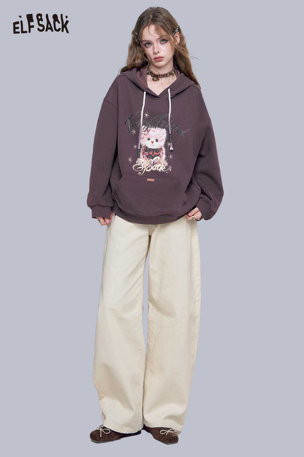 ELFSACK Delicate Heart Embroidery Detail Relaxed Fit White Wide Leg Jeans
