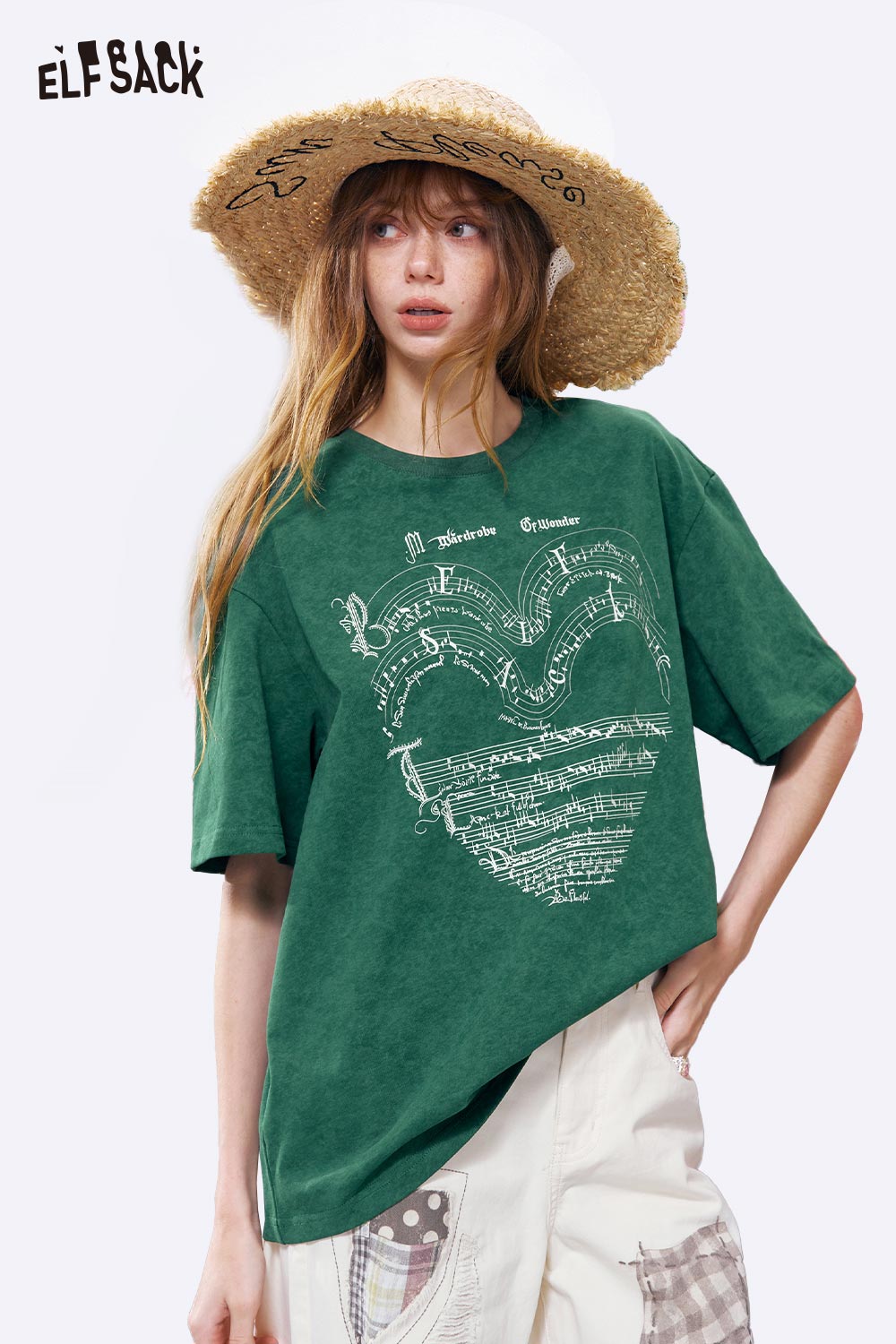 ELFSACK Heart Music Note Print Oversized T-Shirt
