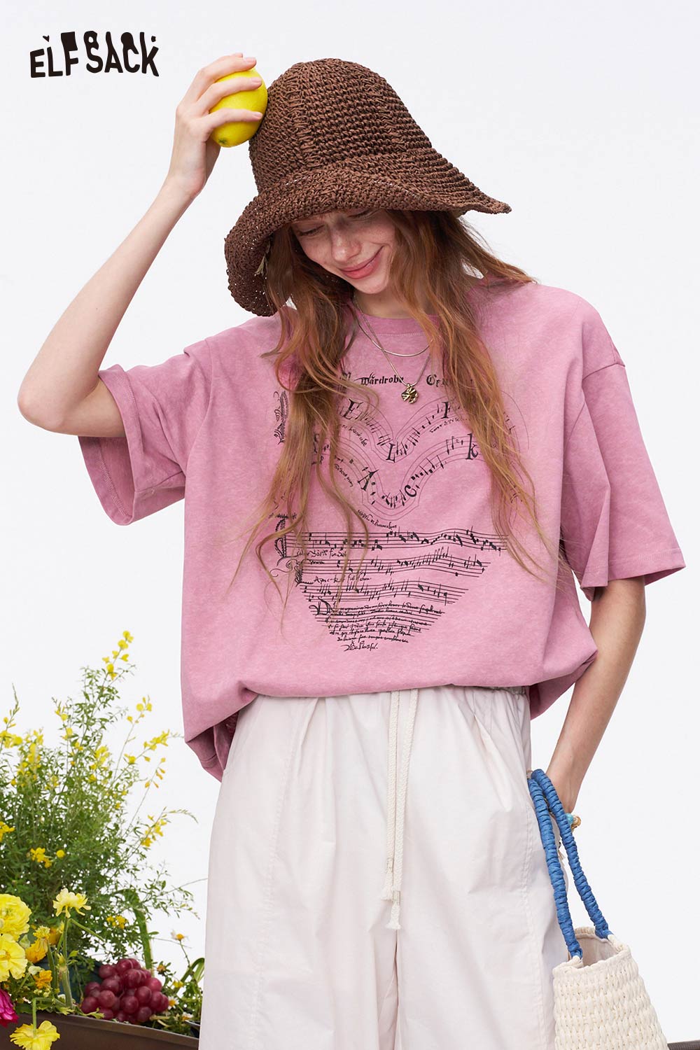 ELFSACK Heart Music Note Print Oversized T-Shirt