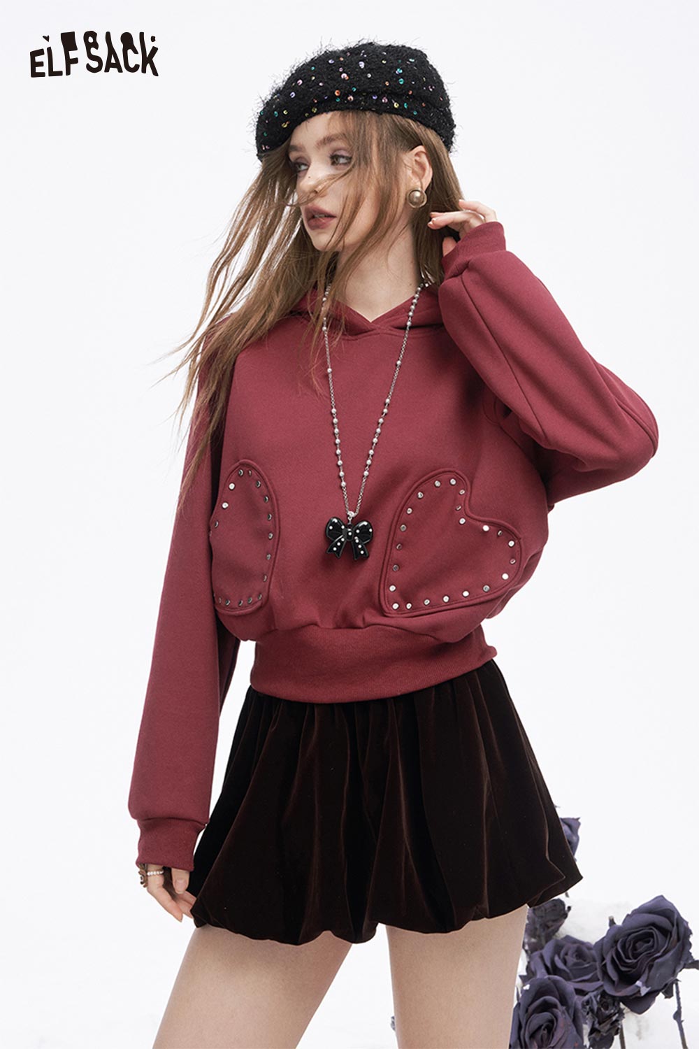 ELFSACK Casual Solid Heart Patchwork Hooded Sweatshirt
