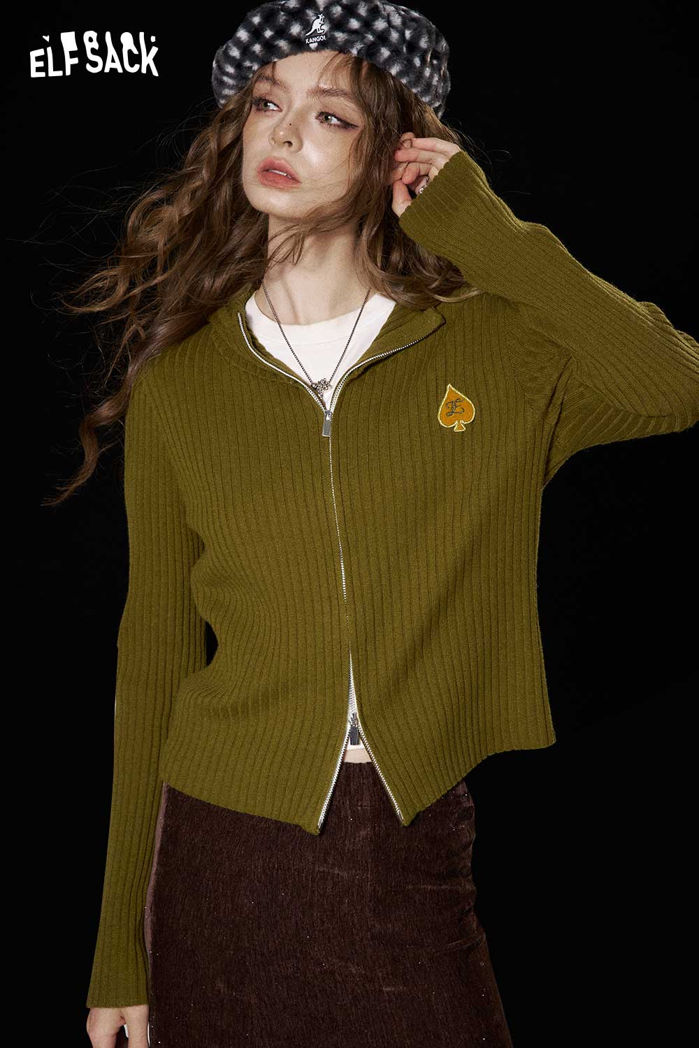 ELFSACK Soft Double Zip Lapel Heart Print Long Sleeve Knit Sweater