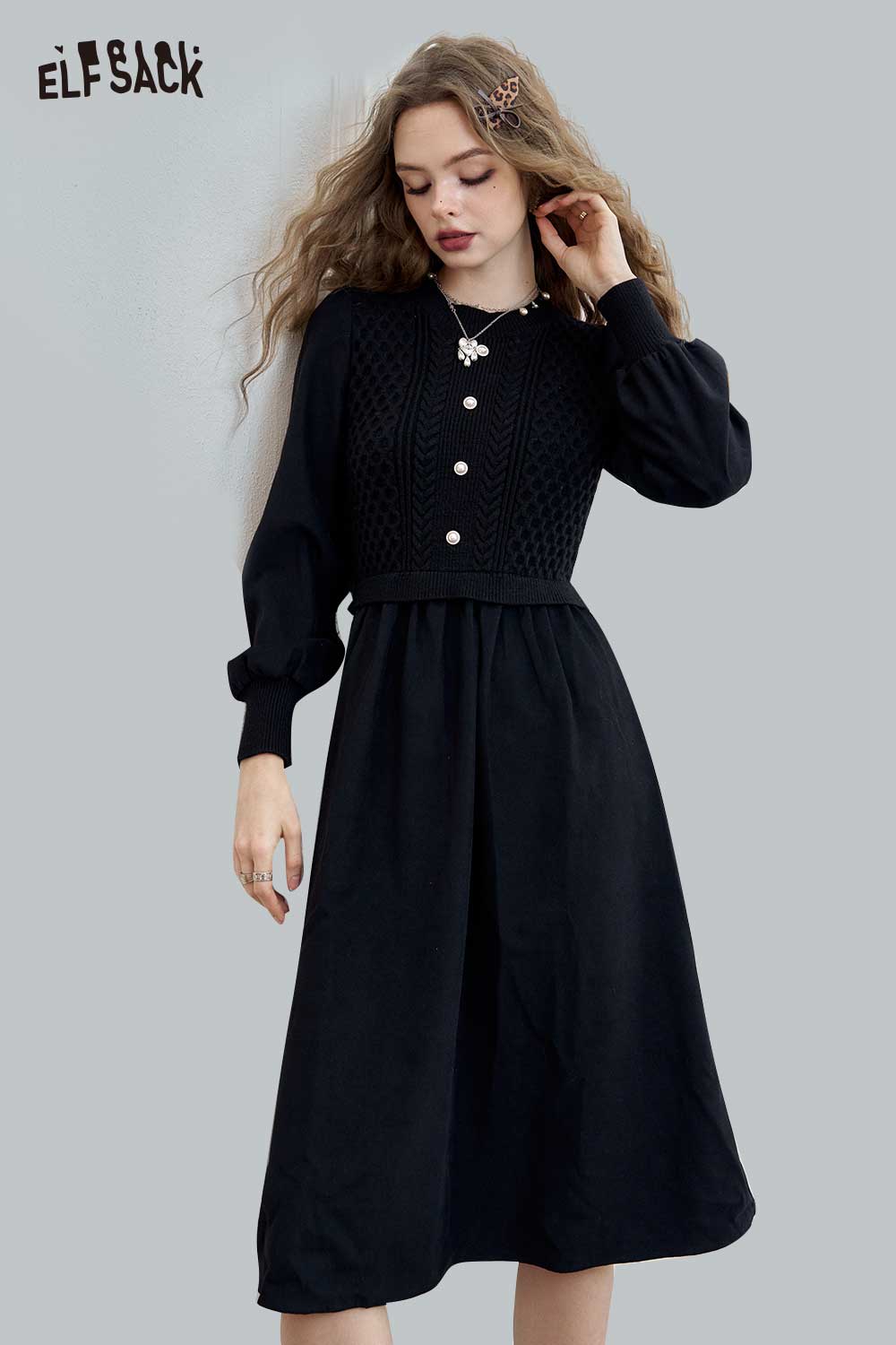 ELFSACK Hepburn Style Black Knit Dress
