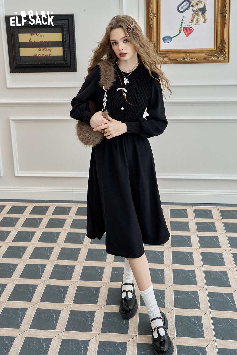 ELFSACK Hepburn Style Black Knit Dress