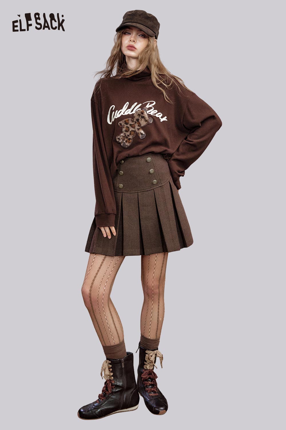 ELFSACK Polyester Blend High-Rise Button Front Pleated Skirt