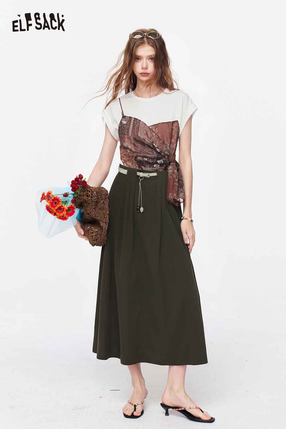 ELFSACK High Waist Belted A-Line Maxi Skirt