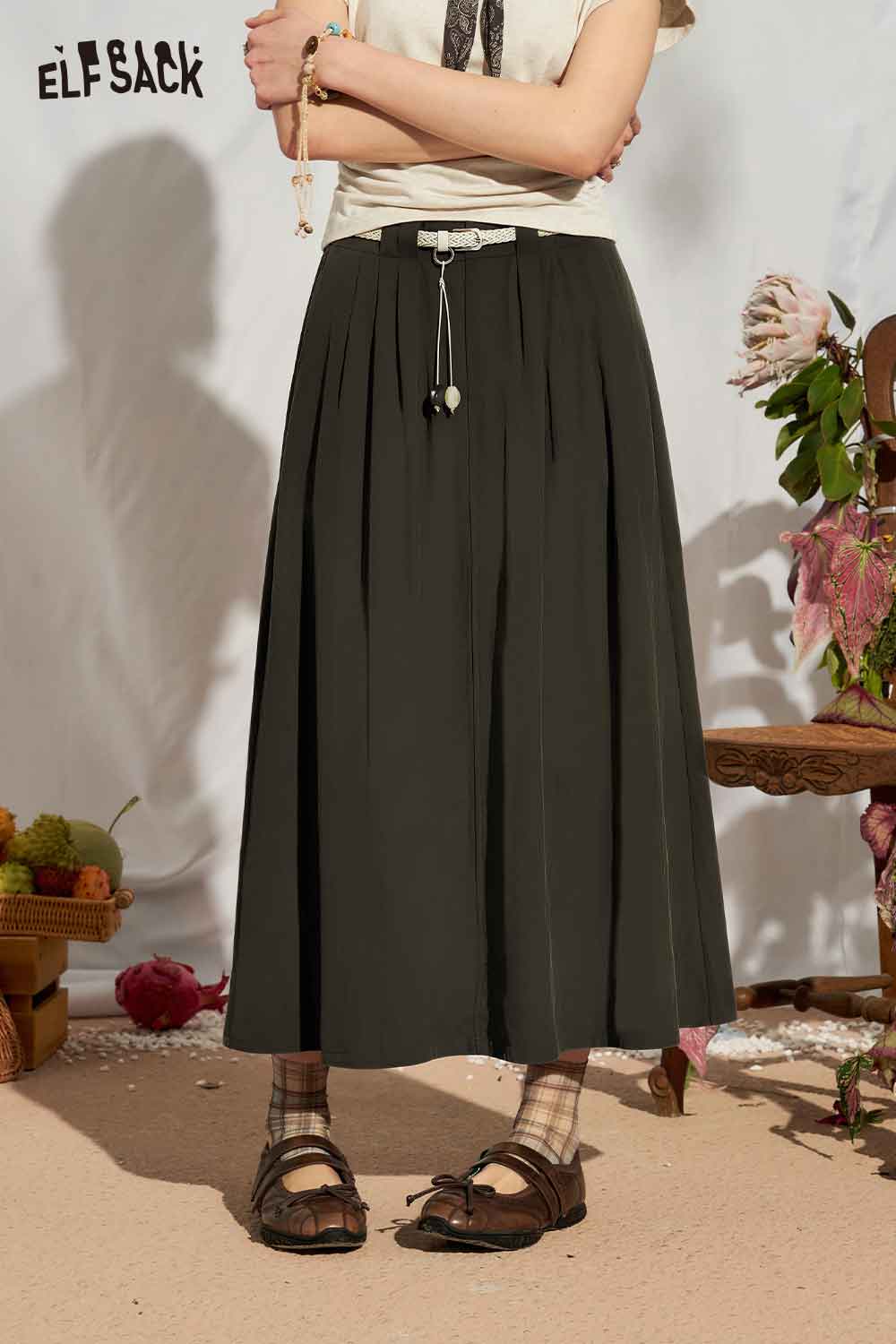 ELFSACK High Waist Belted A-Line Maxi Skirt