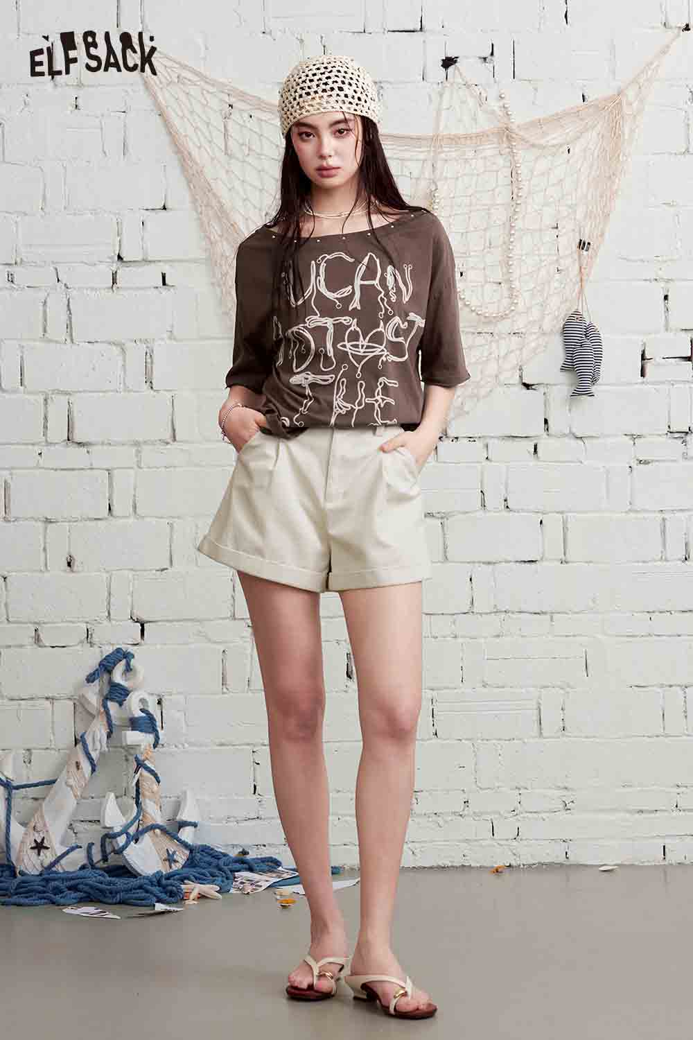 ELFSACK High Waist Belted Cuffed Hem Shorts