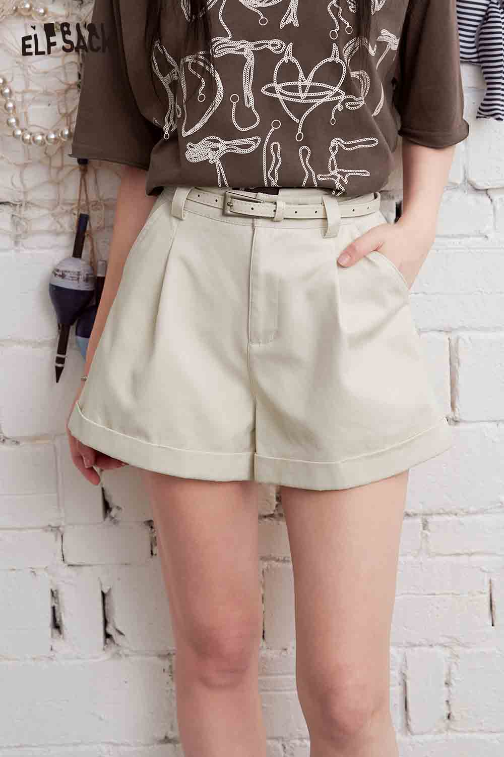 ELFSACK High Waist Belted Cuffed Hem Shorts