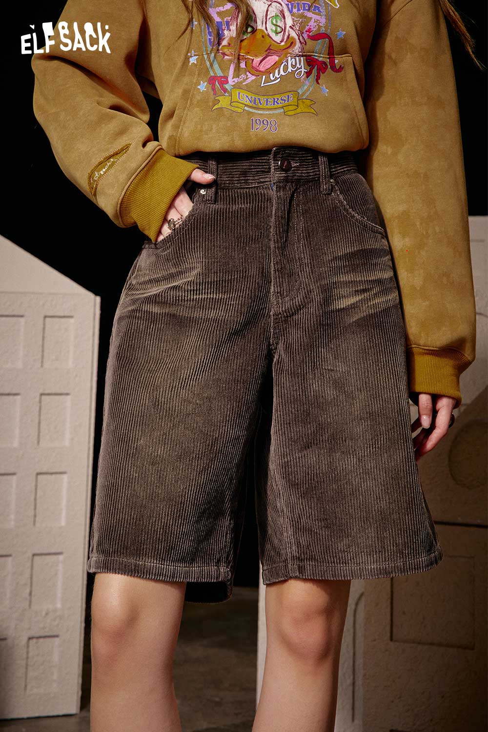 ELFSACK Soft Solid Colour High Waist Mid Shorts