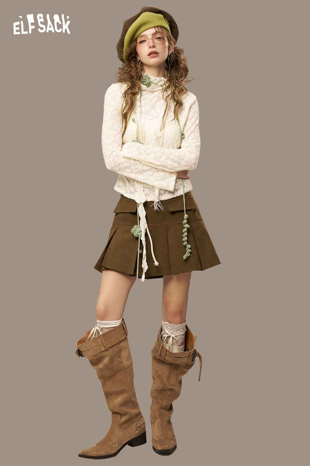 ELFSACK Soft Double Pocket High Waist Cinching Pleated Skirt