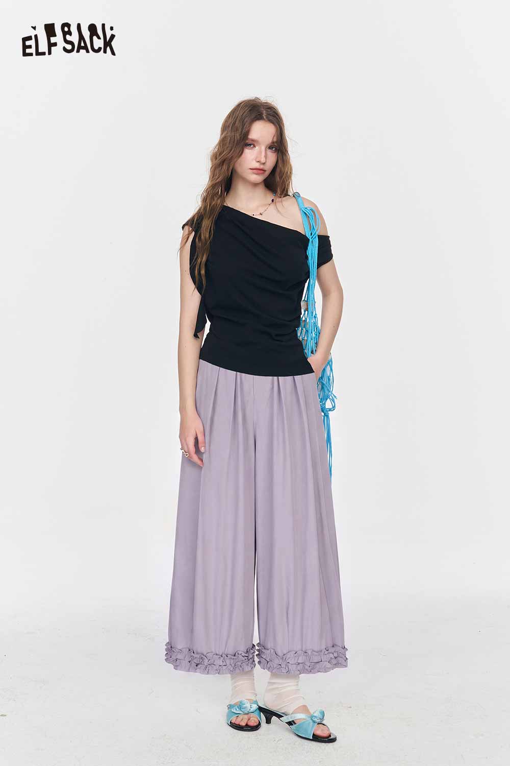 ELFSACK High Waist Purple Ruffle Hem Pants