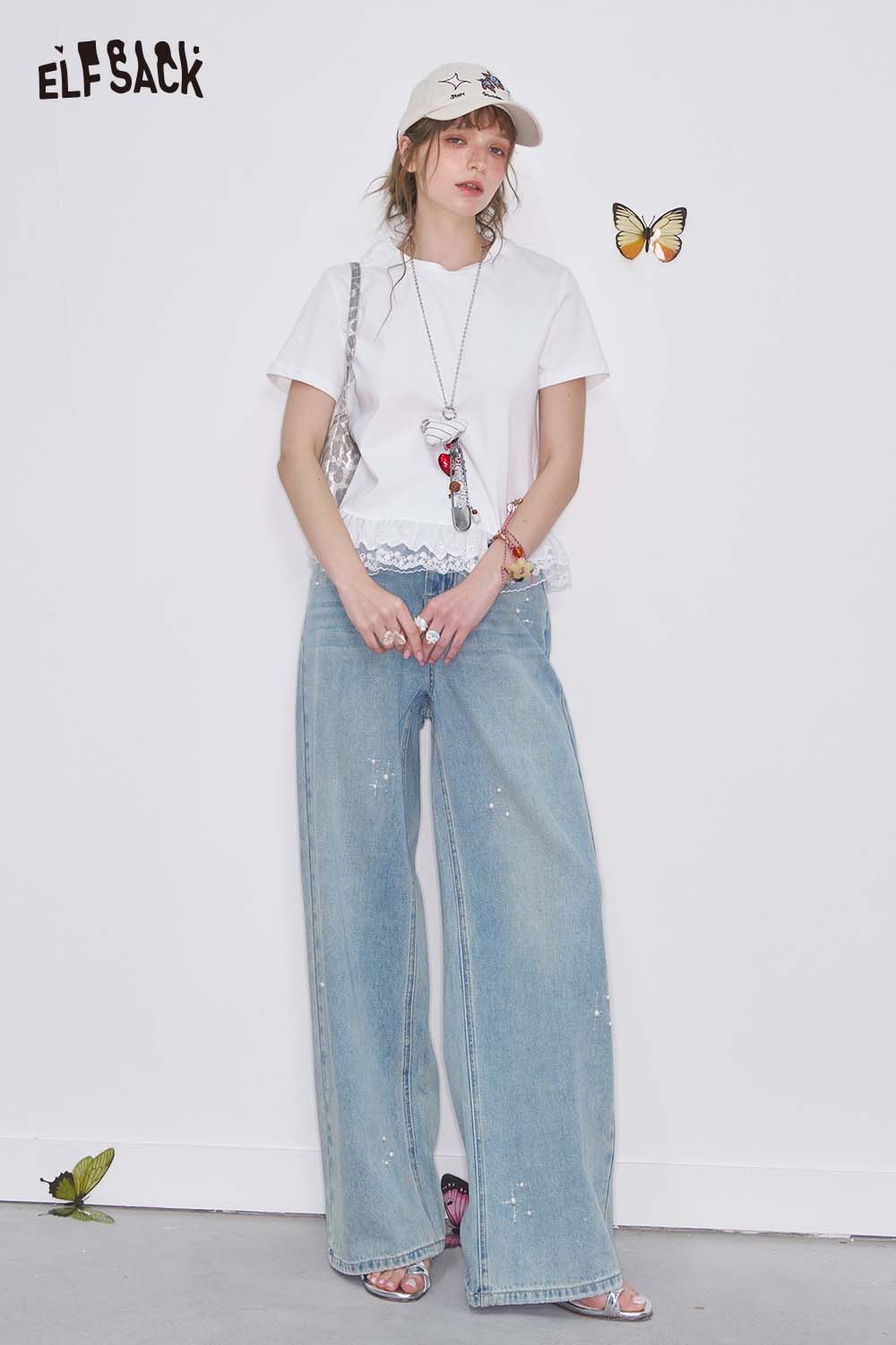 ELFSACK High Waist Wide Leg Jeans with Pearl Embellishment
