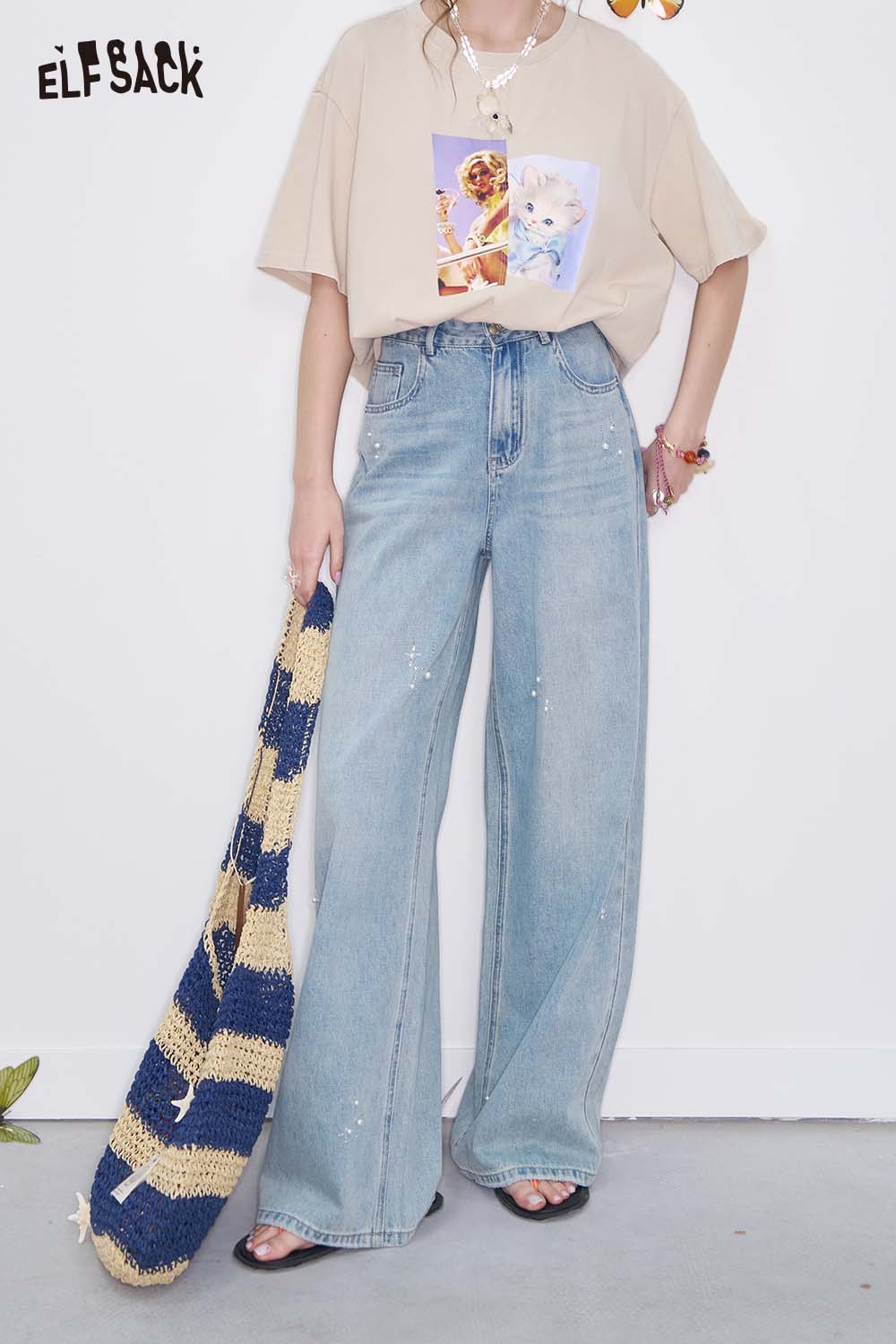 ELFSACK High Waist Wide Leg Jeans with Pearl Embellishment