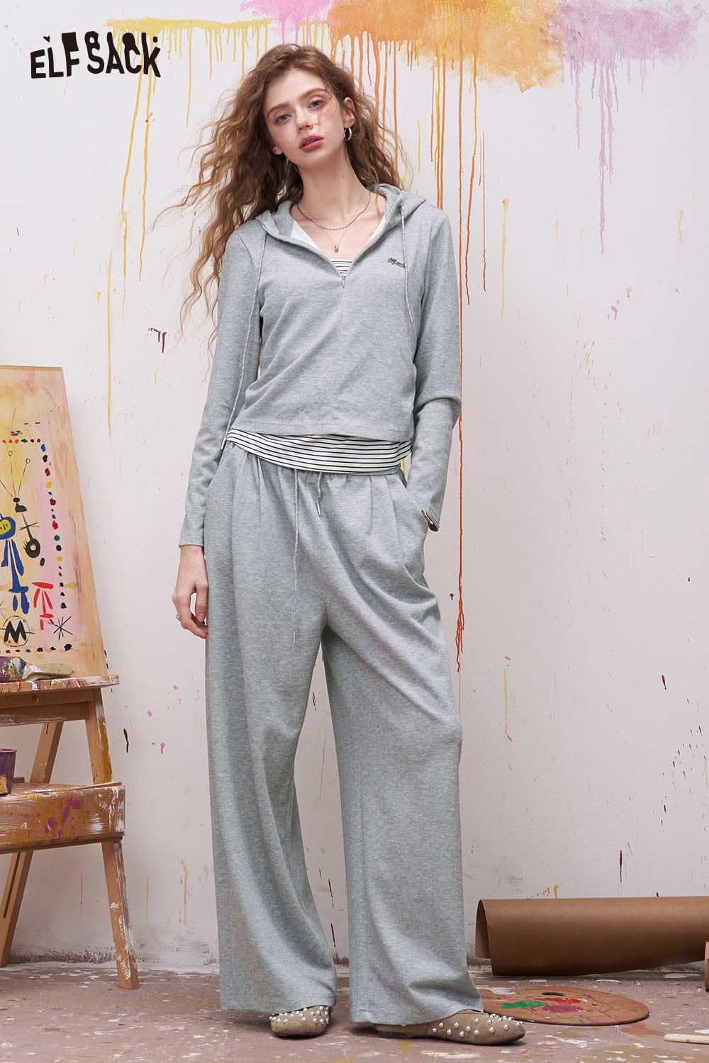 ELFSACK Hooded Loungewear Set with Wide Leg Pants