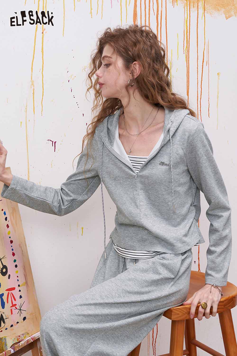 ELFSACK Hooded Loungewear Set with Wide Leg Pants