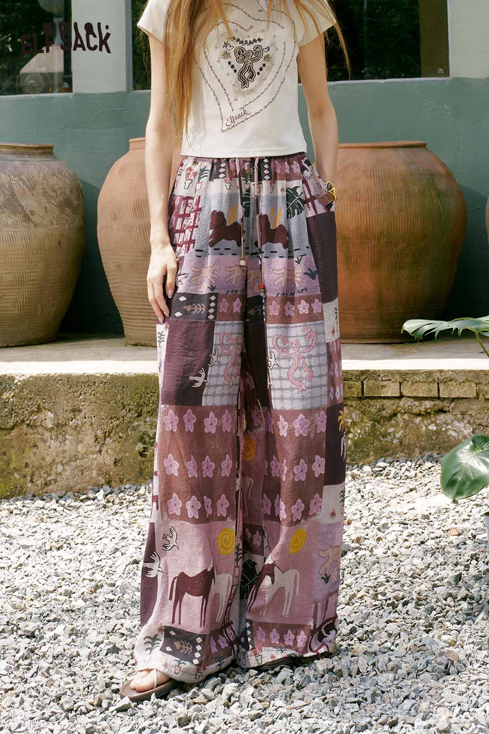 ELFSACK Horse Art Print High Waist Wide Leg Pants