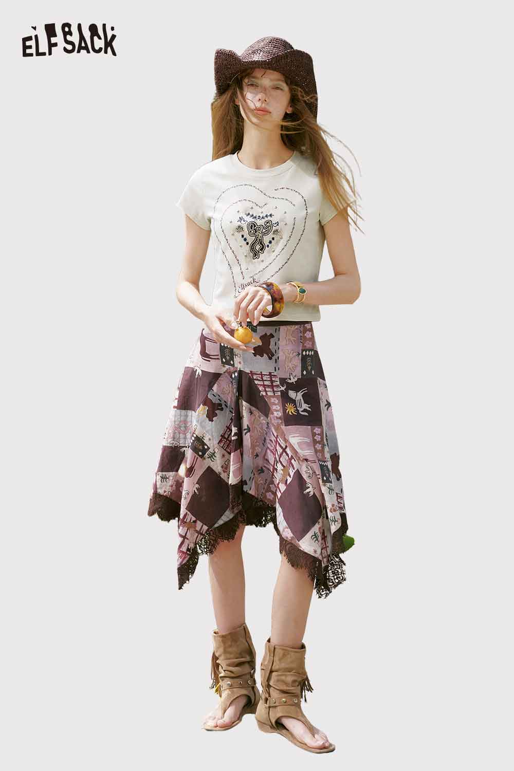 ELFSACK Horse Mural Patchwork Lace Mini Skirt