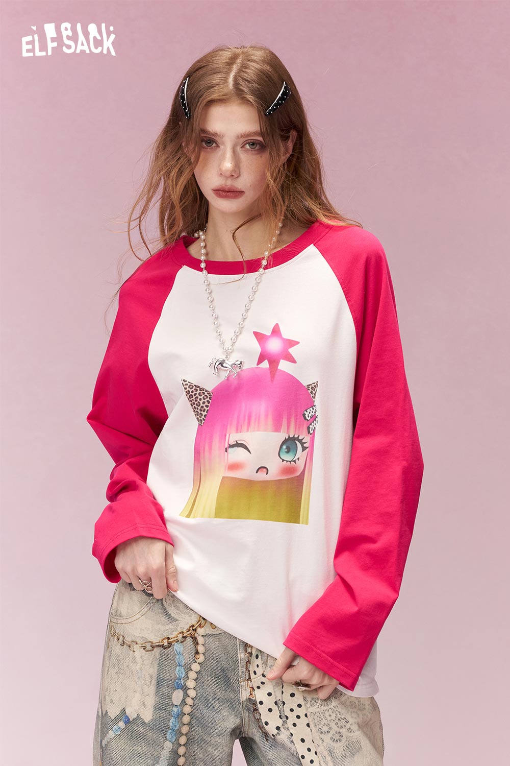 ELFSACK Whimsical Cartoon Doll Print Hot Pink Raglan Tshirt