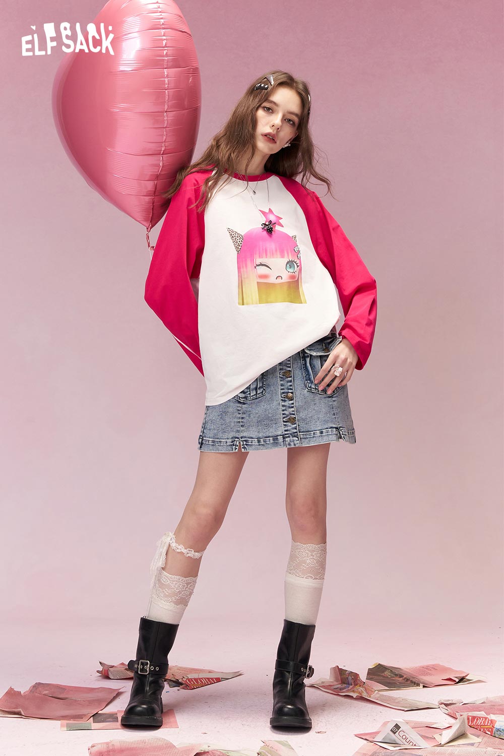 ELFSACK Whimsical Cartoon Doll Print Hot Pink Raglan Tshirt