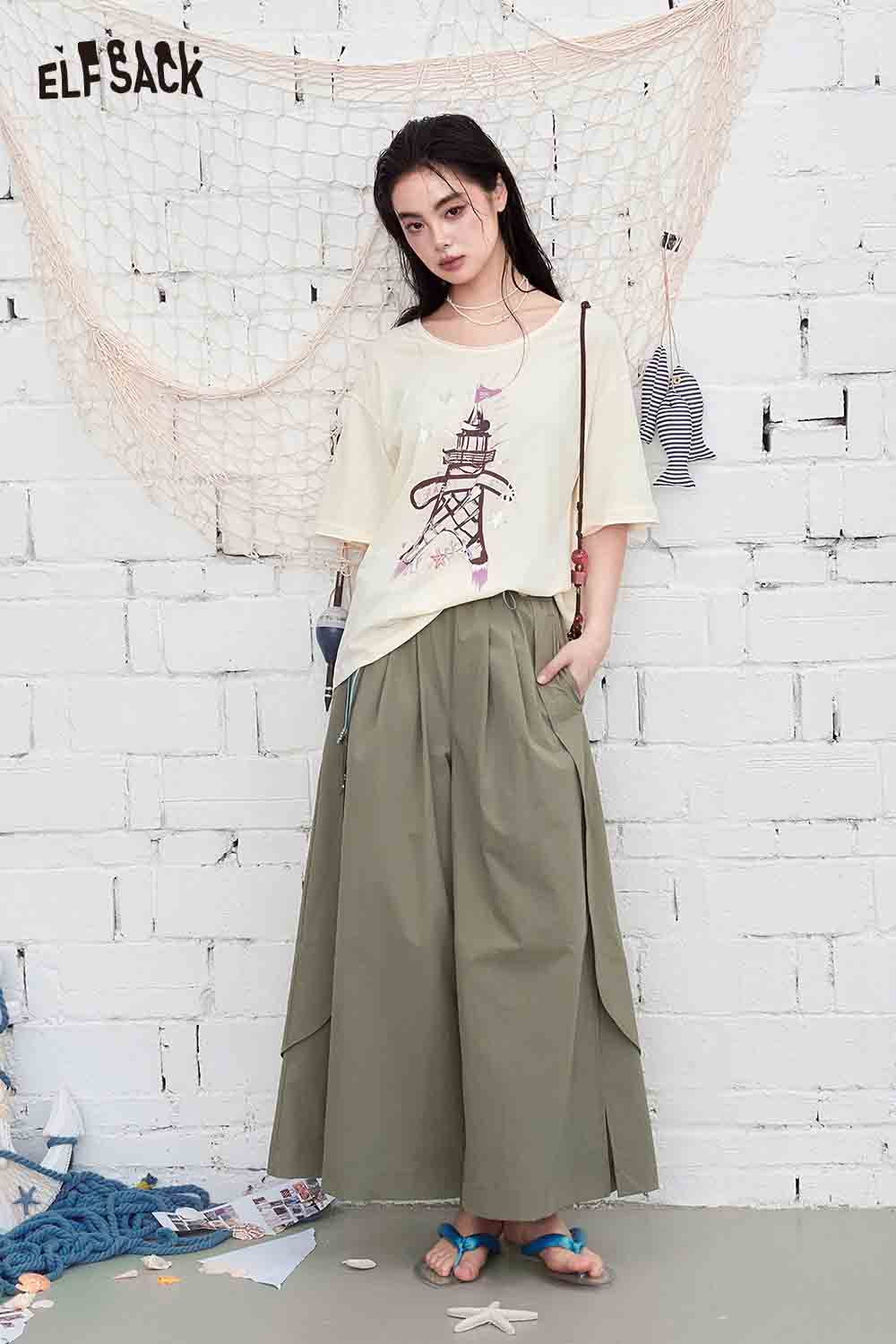ELFSACK Irregular Hem High-Waisted Wide Leg Culottes