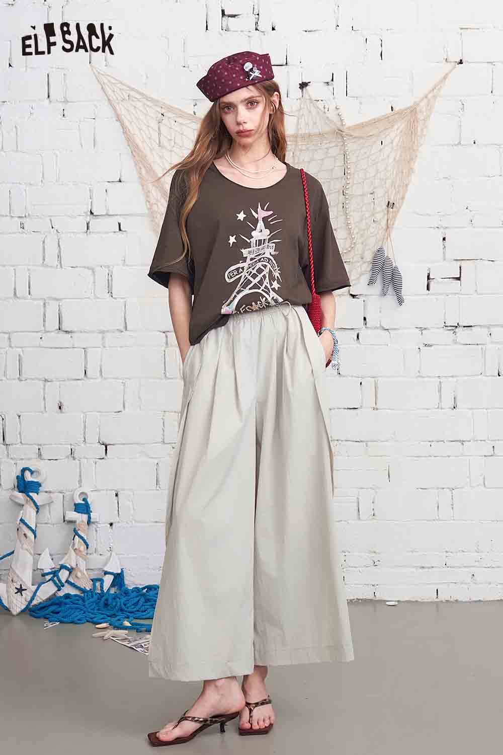 ELFSACK Irregular Hem High-Waisted Wide Leg Culottes