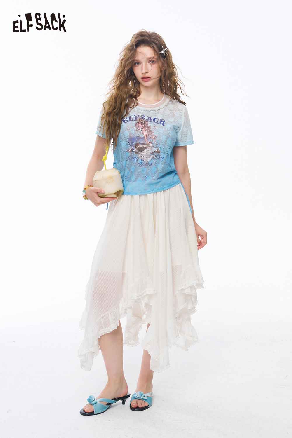 ELFSACK Irregular Ruffle Hem Striped A Line Skirt