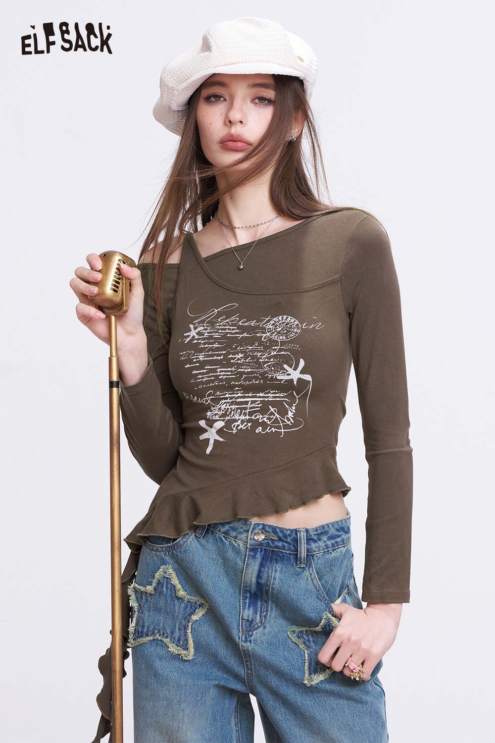 ELFSACK Irregular Streamer Hem Diagonal Collar Long Sleeve T-Shirt Cinched Waist Slim Y2K Top