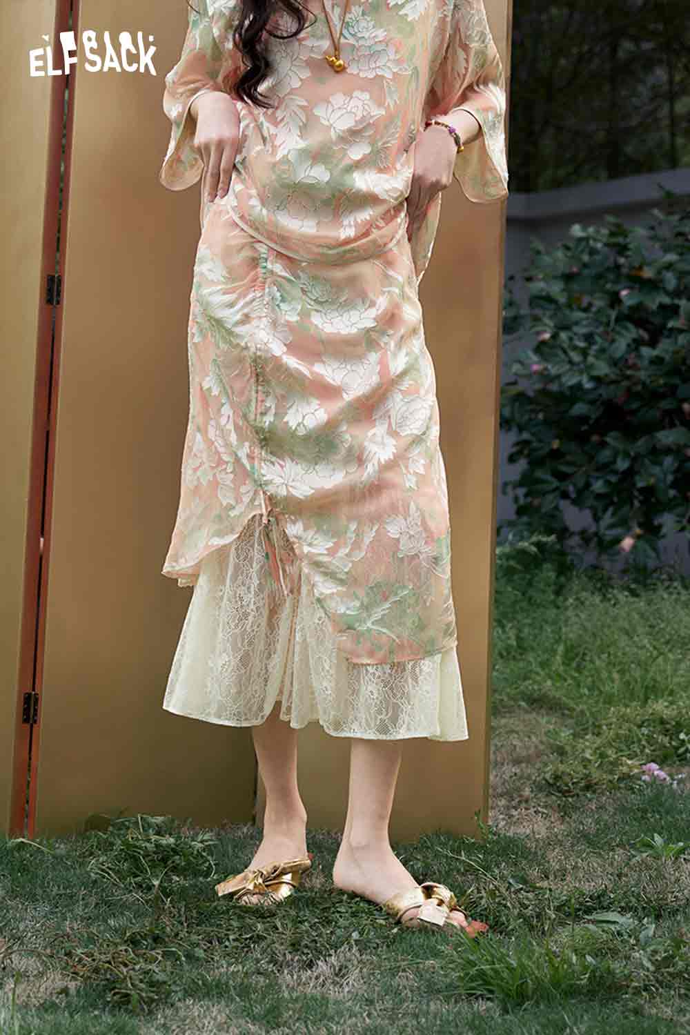ELFSACK Jacquard Lace Trim Side Slit Skirt