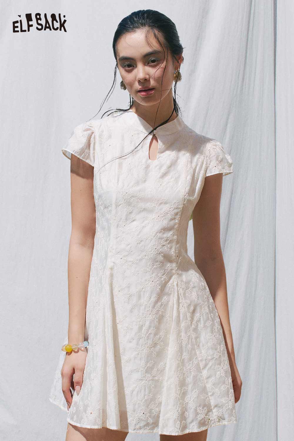 ELFSACK Jacquard Mandarin Collar A Line Mini Dress