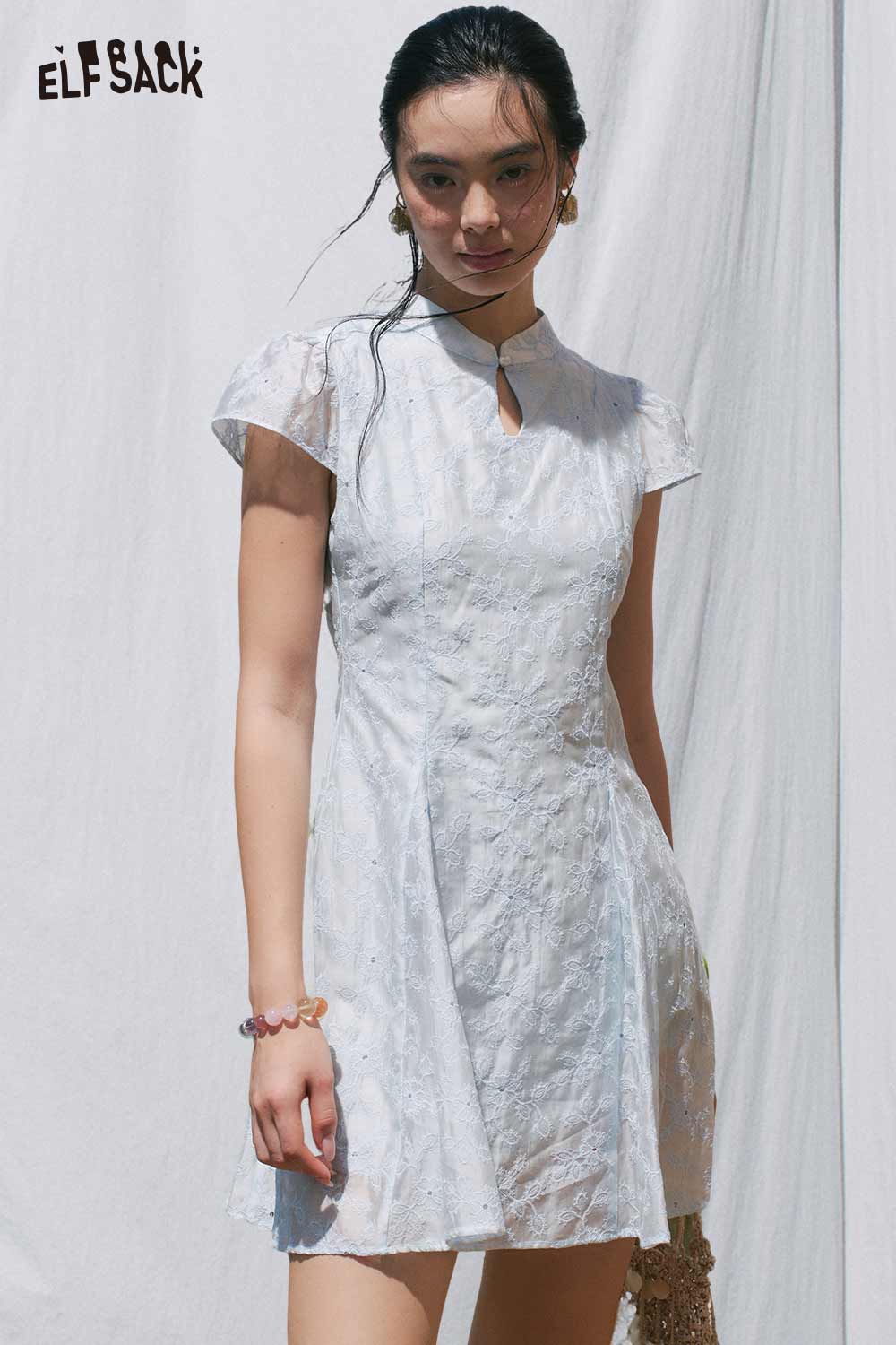 ELFSACK Jacquard Mandarin Collar A Line Mini Dress