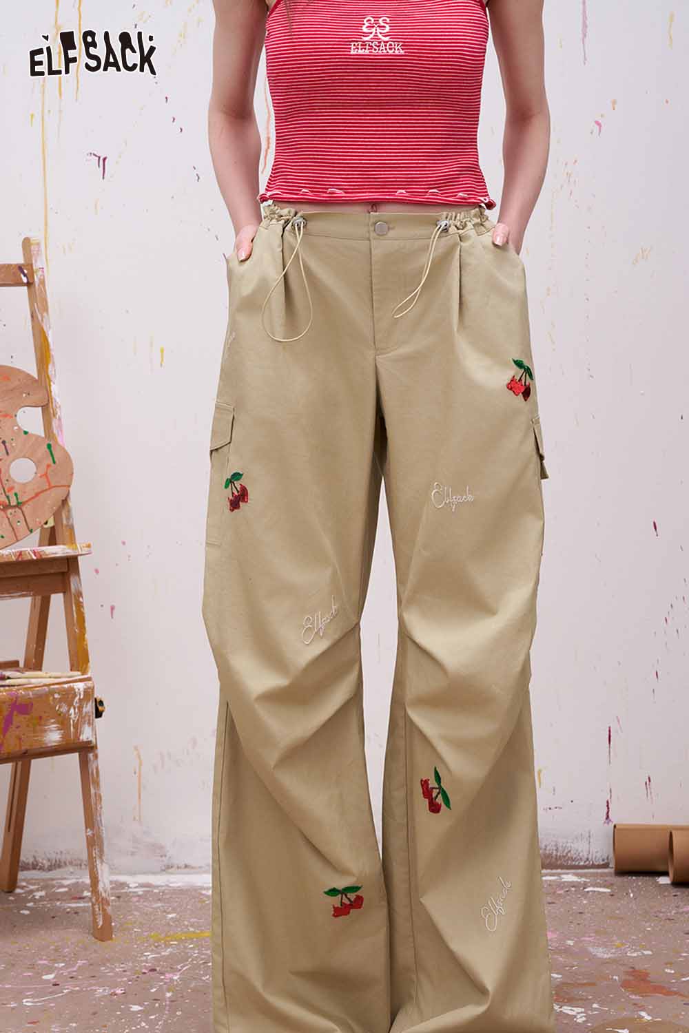 ELFSACK Khaki Wide Leg Cargo Pants with Cherries