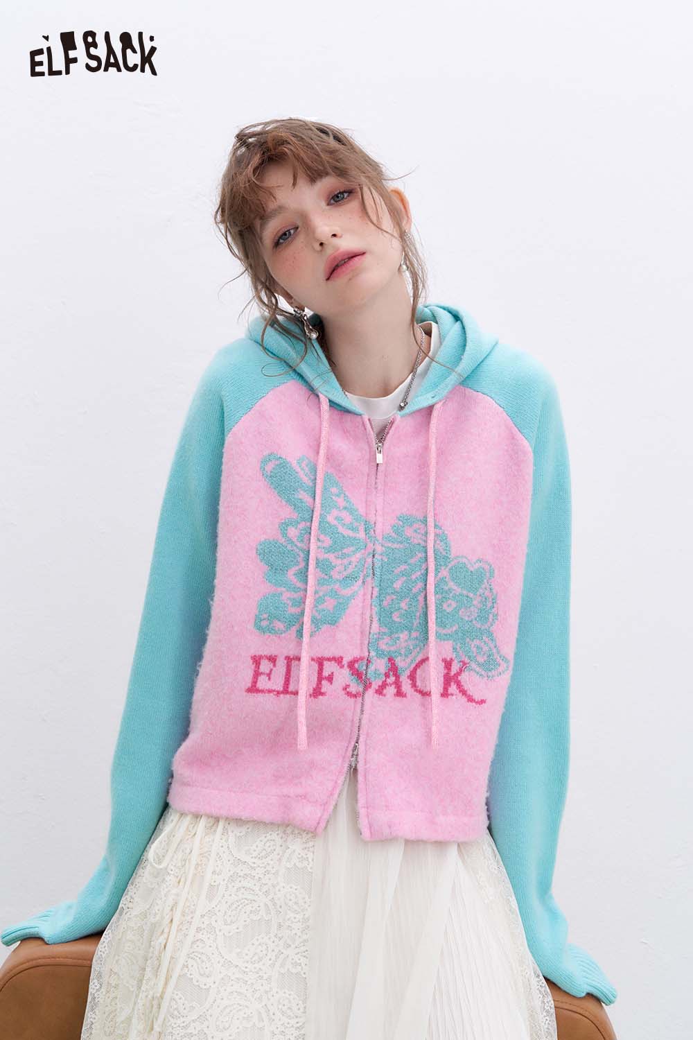 ELFSACK Koi Color Block Hooded Cardigan Spring Sweet Casual Knit