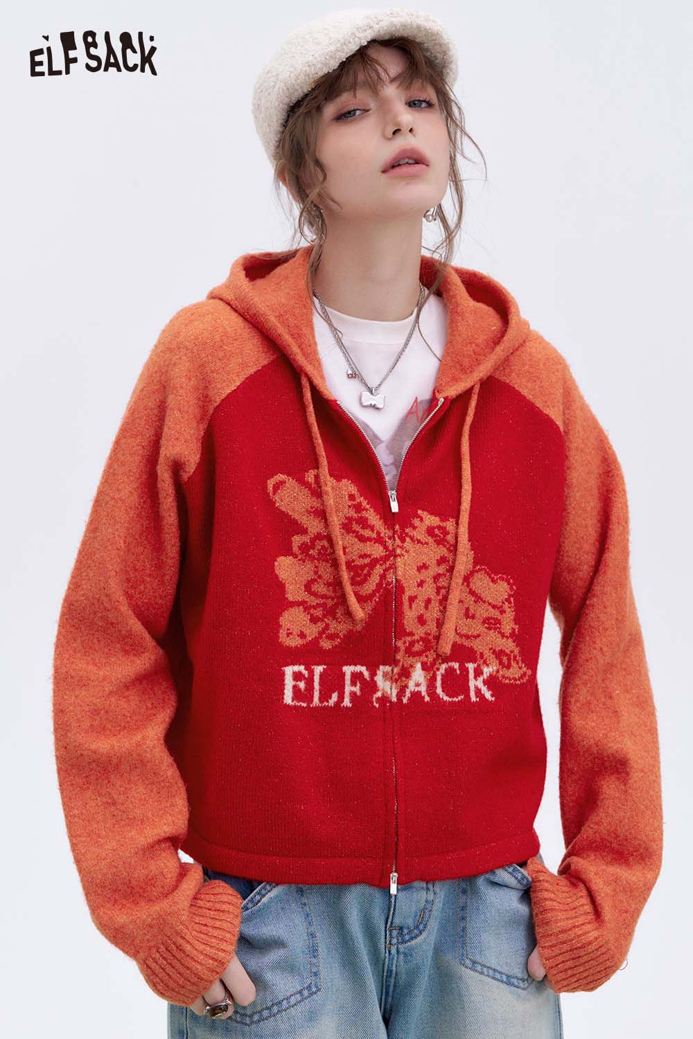 ELFSACK Koi Color Block Hooded Cardigan Spring Sweet Casual Knit