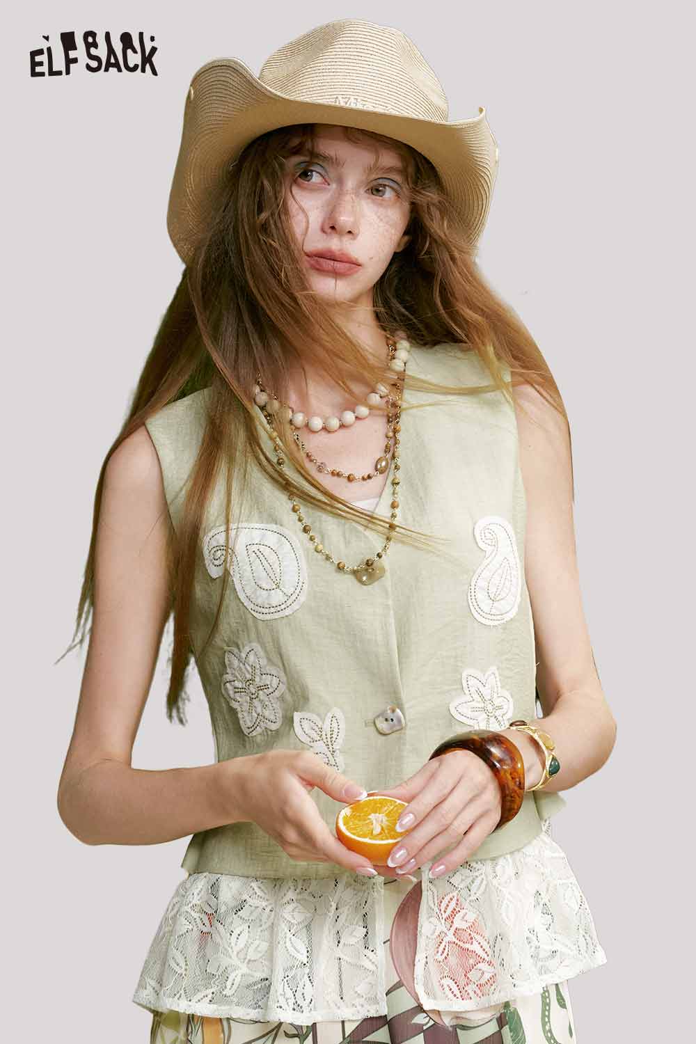 ELFSACK Lace Applique Linen Sleeveless Vest