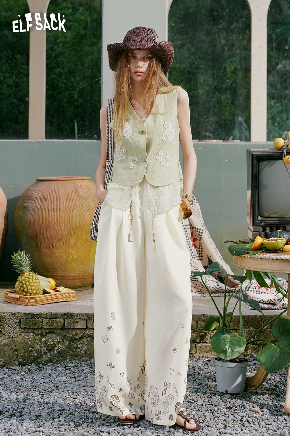 ELFSACK Lace Applique Linen Sleeveless Vest