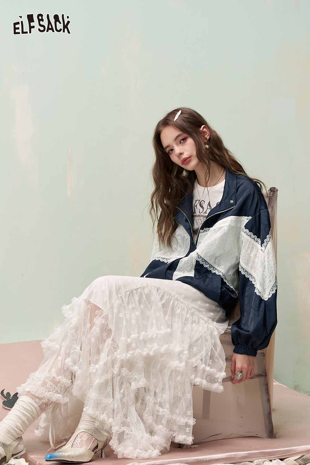 ELFSACK Lace Bow Denim Jacket with Jacquard Fabric
