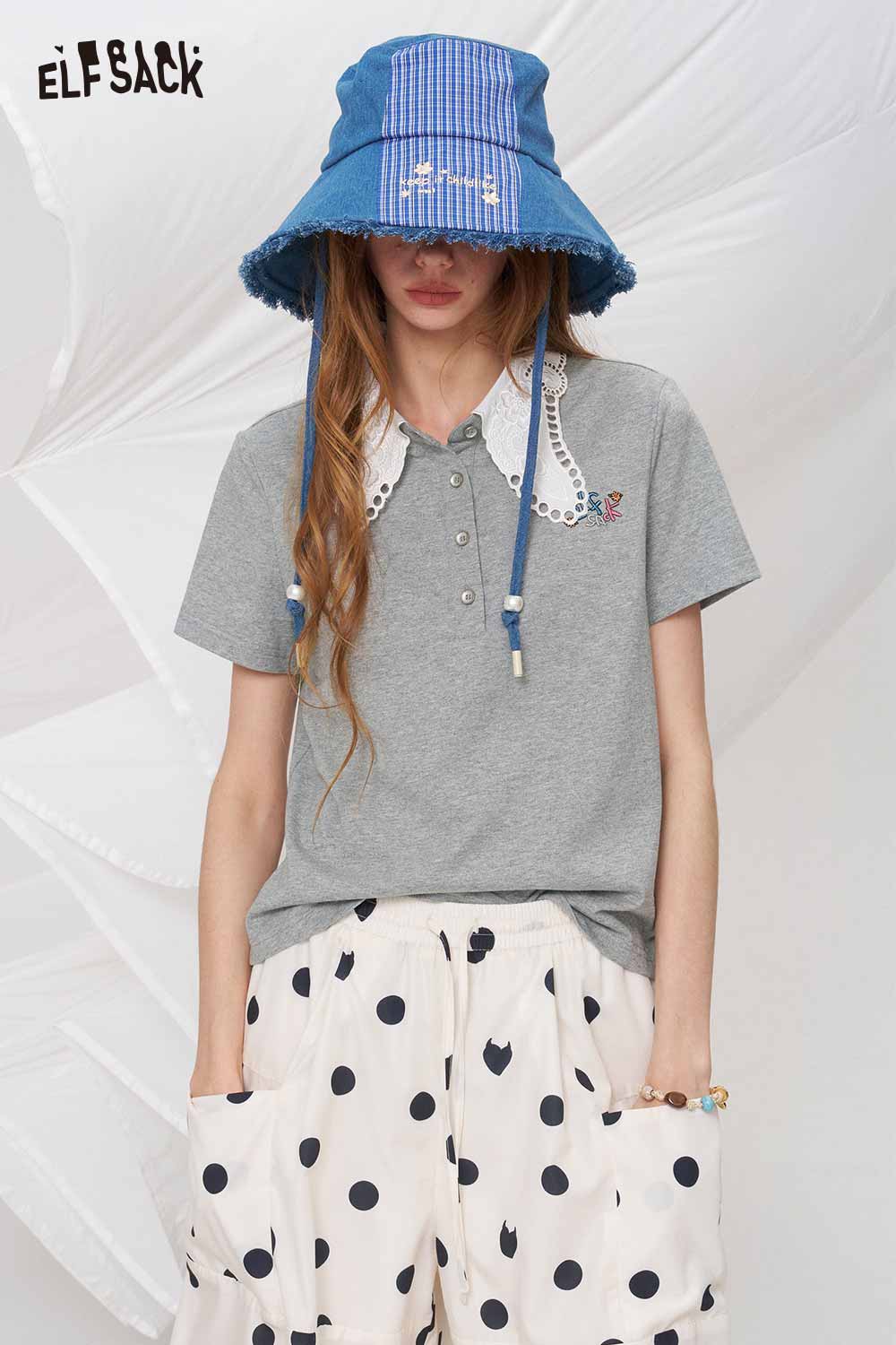 ELFSACK Lace Collar Embroidered Polo Shirt