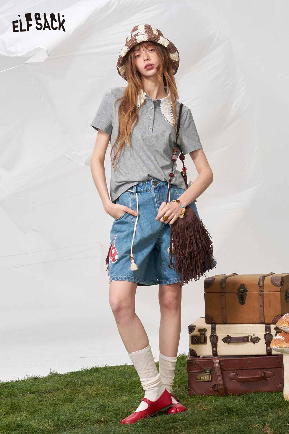 ELFSACK Lace Collar Embroidered Polo Shirt