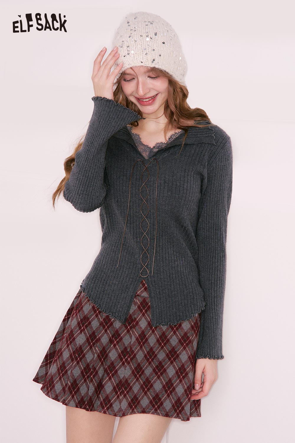 ELFSACK Solid Lace Collar Split Hem Flutter Sleeve Tie Knitwear