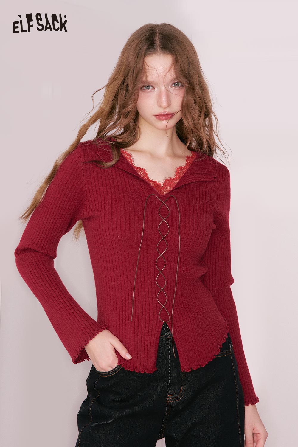 ELFSACK Solid Lace Collar Split Hem Flutter Sleeve Tie Knitwear