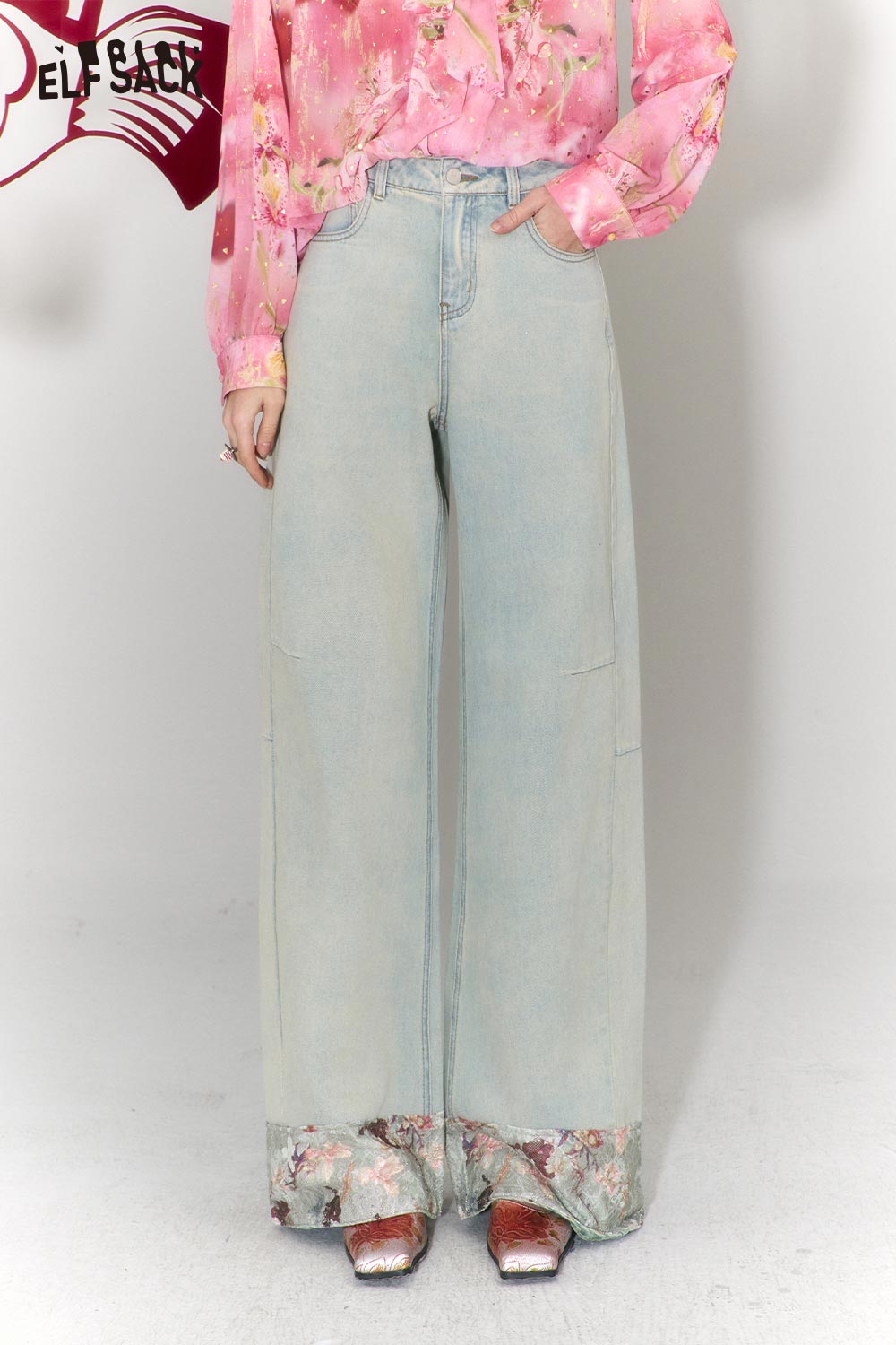 ELFSACK Sweet Cool Lace Floral Insert denimblue Wide Leg Jeans