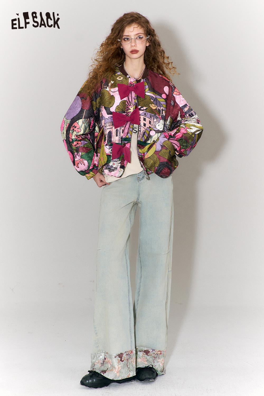 ELFSACK Sweet Cool Lace Floral Insert denimblue Wide Leg Jeans