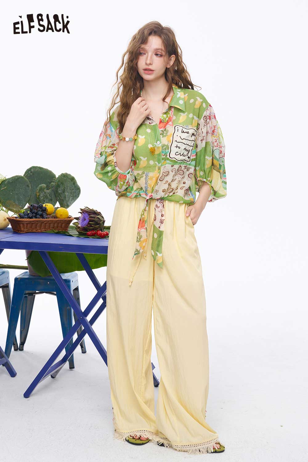 ELFSACK Lace Hem Elastic Waist Wide Leg Pants