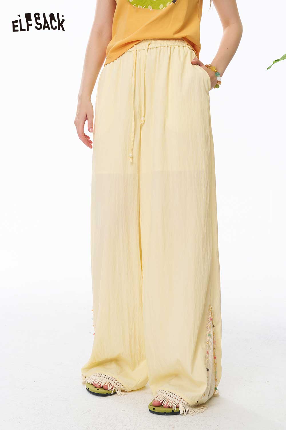 ELFSACK Lace Hem Elastic Waist Wide Leg Pants