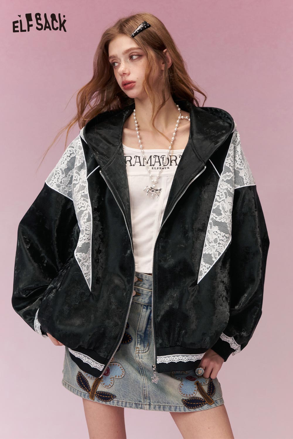 ELFSACK Sweet Cool Lace Insert Lace Hem Cropped Jacket