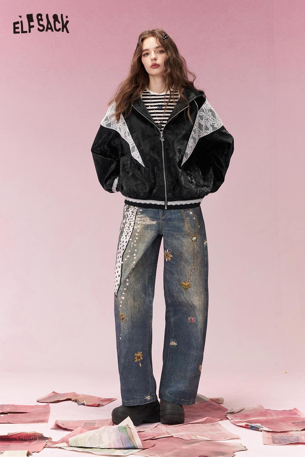 ELFSACK Sweet Cool Lace Insert Lace Hem Cropped Jacket