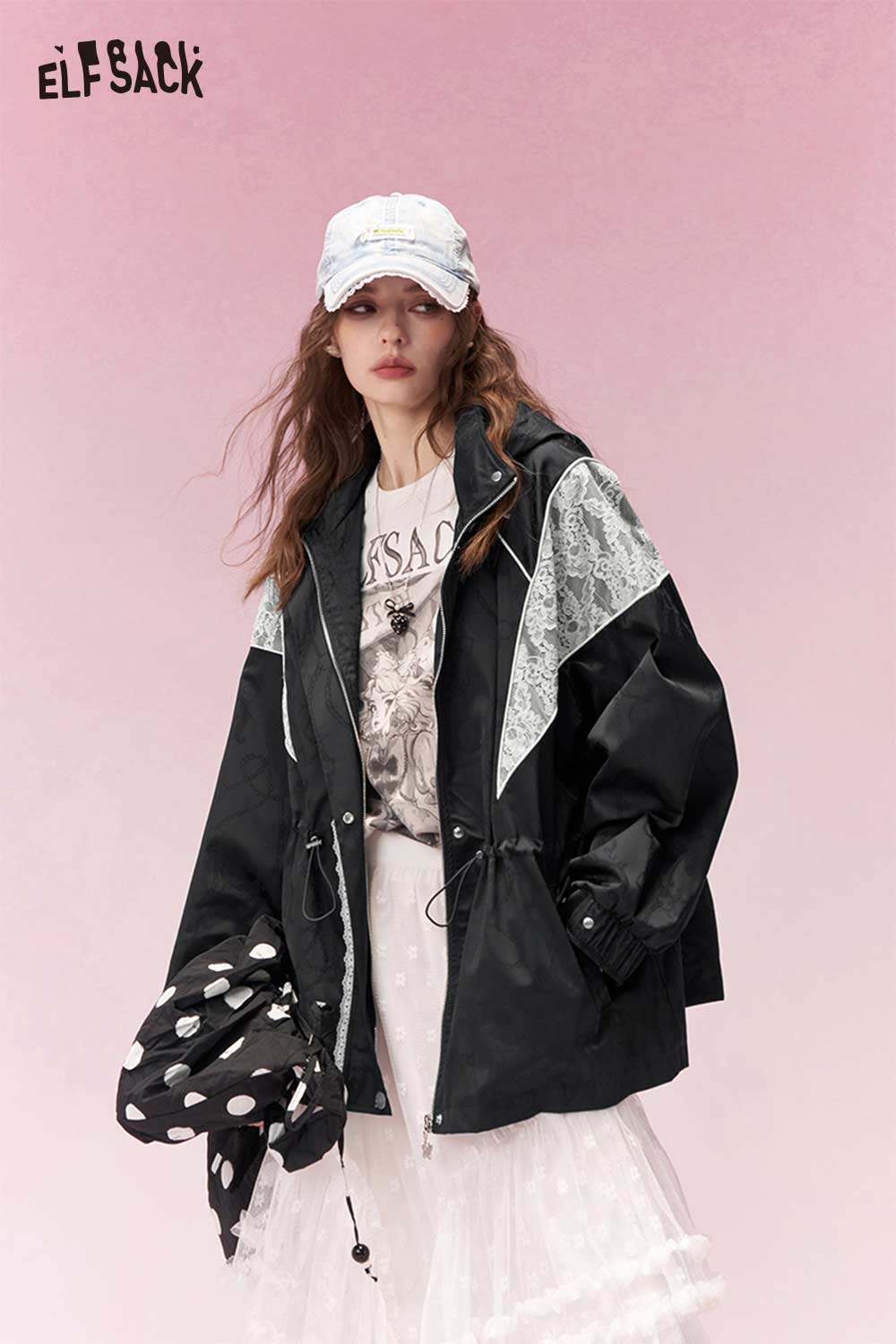 ELFSACK Playful Lace Insert Drawstring Waist Hooded Trench Coat