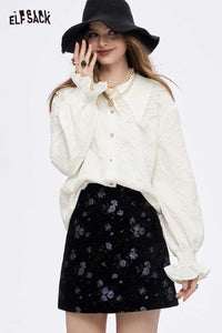 ELFSACK Soft Stretch Lace Lapel Collar Ruffled Cuff Long Sleeves Shirt