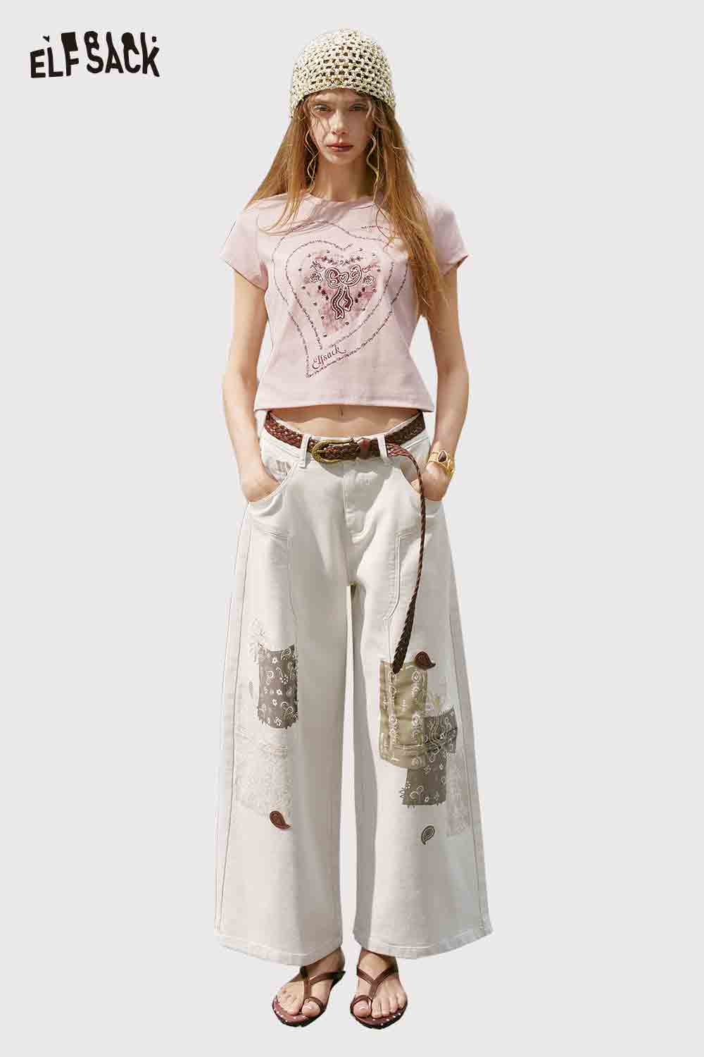 ELFSACK Lace Patch High Waist Barrel Jeans